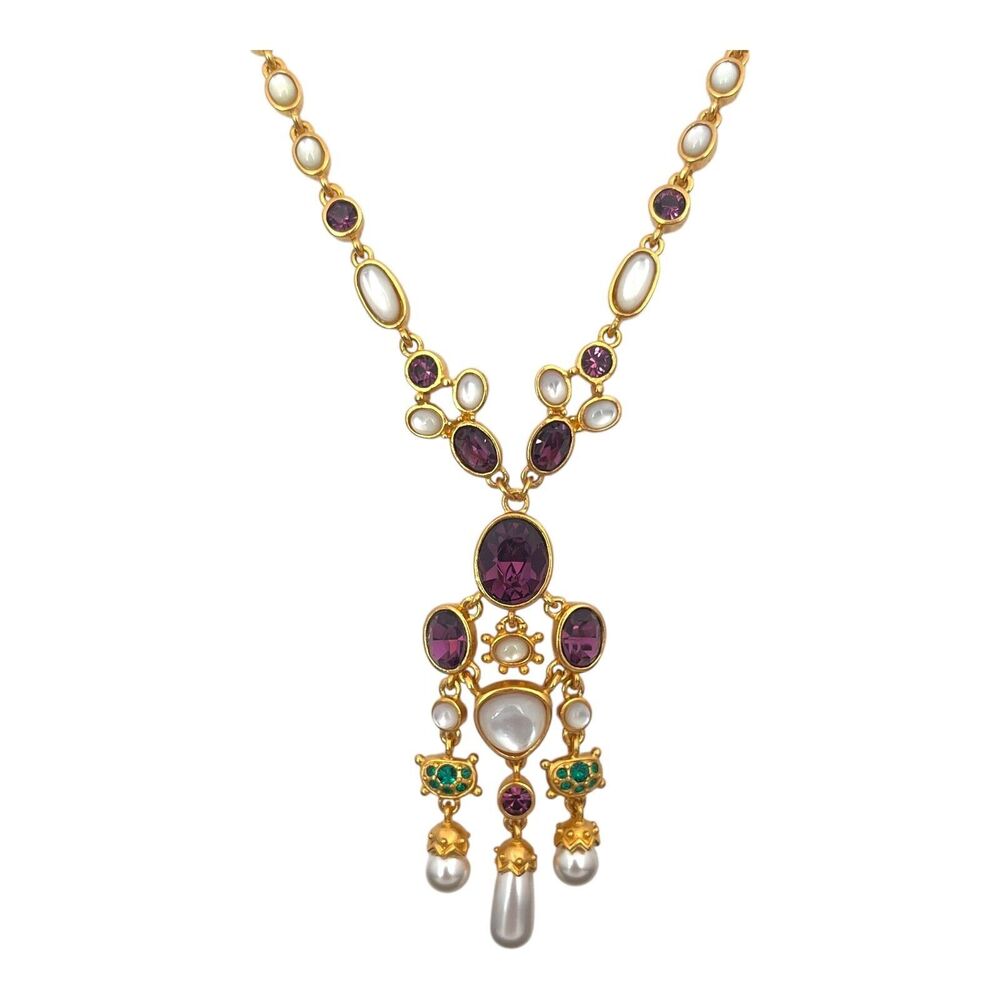 Victoria & Albert Chandelier Necklace Faux Pearl Crystal Gold Tone - 7U